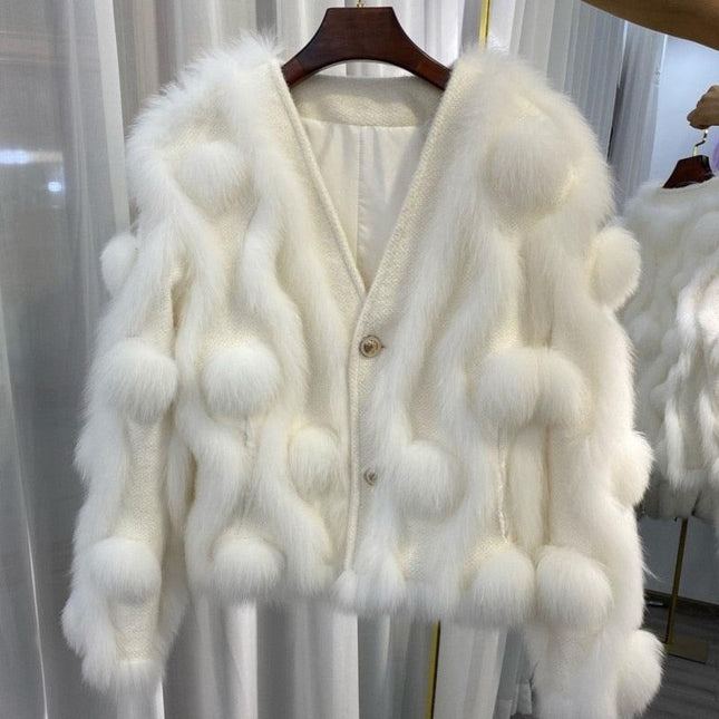 Winter Luxury: White Fox Fur Knit Cardigan