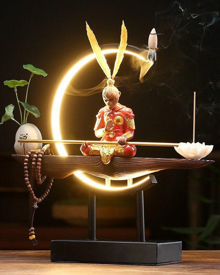 Epic Saga: Sūn Wùkōng vs. Buddha Zen Ceramic Light and Incense Sculpture - Enchanting Asian Home Decor