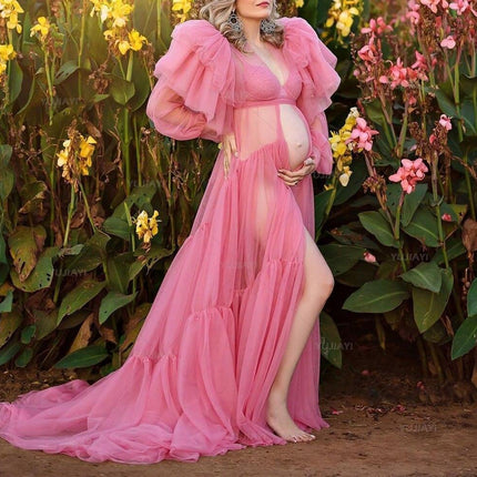 Chic Pink Maternity Robe with Elegant Ruffles and Tulle Accents