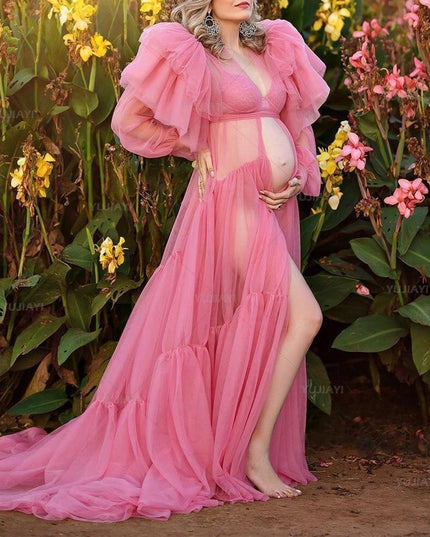 Chic Pink Maternity Robe with Elegant Ruffles and Tulle Accents