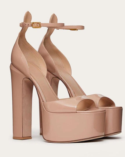 Sleek Patent Leather Chunky Heel Party Sandals - Women's Fashionable Peep Toe Pumps