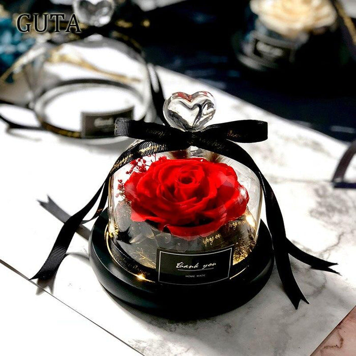 Eternal Affection - Handcrafted Glass Dome Set with Eternal Roses, Dried Blooms, and LED Lights