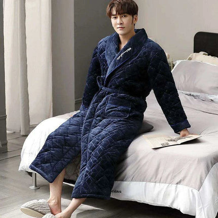 Men's Elegant Blue Quilted Flannel Robe - Luxurious Winter Loungewear