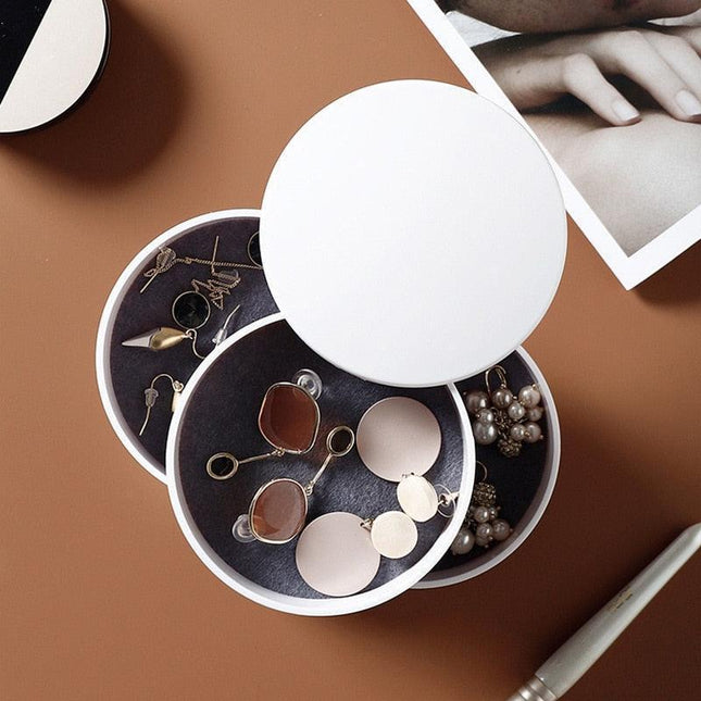 Chic European Jewelry Organizer with Rotating Mirror and Multi-Tiered Storage