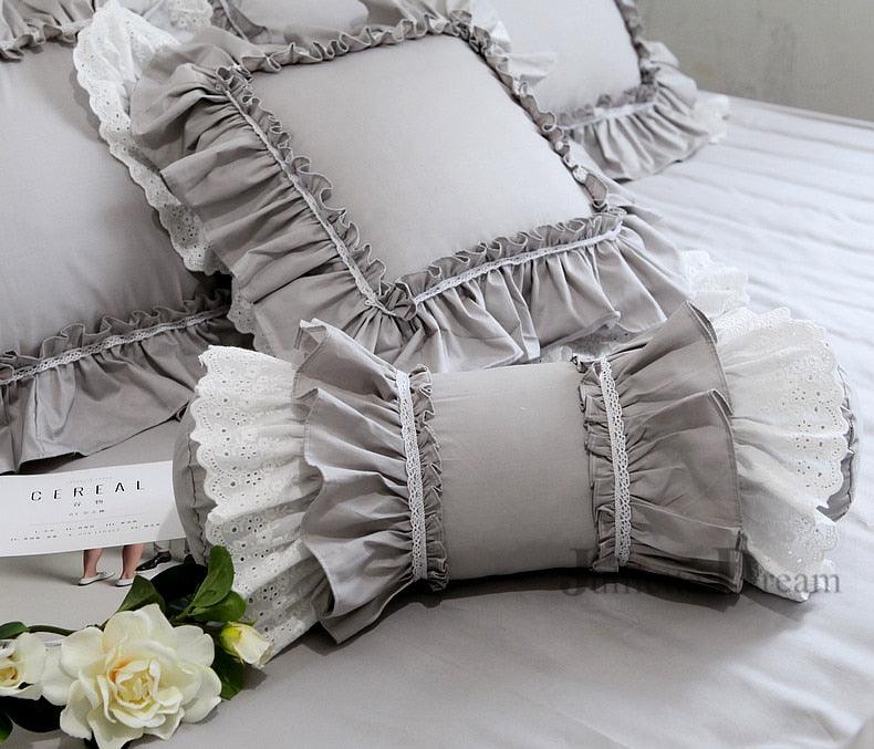 White Lace Ruffle Cushion Set with Intricate Embroidery