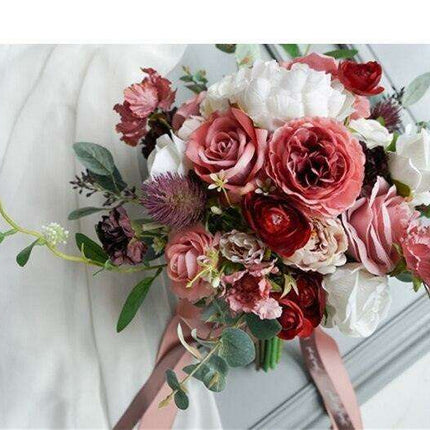 Timeless Elegance Burgundy and Dusty Pink Silk Rose Bridal Bouquet - European Vintage Collection