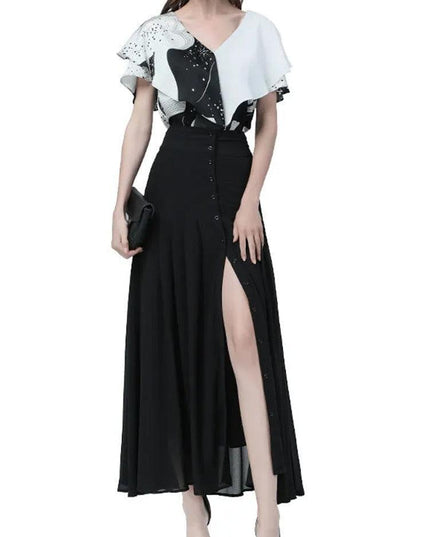 Chic High-Waisted Chiffon A-line Skirt with Stylish Button Slit