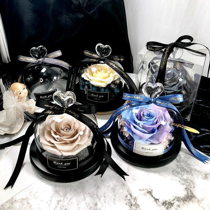 Eternal Affection - Handcrafted Glass Dome Set with Eternal Roses, Dried Blooms, and LED Lights