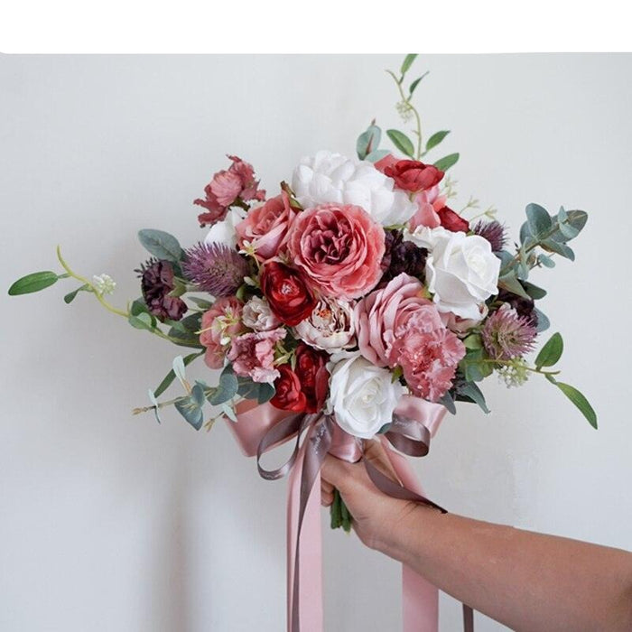 European Vintage Burgundy and Dusty Pink Silk Rose Wedding Bouquet