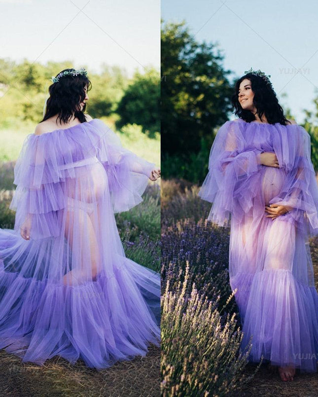 Chic Ruffled Tulle Maternity Gown: Ideal for Captivating Photos and Evening Glamour