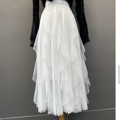 Elegant Pearl Embellished Mesh Tulle Skirt with Elasticized High Waist