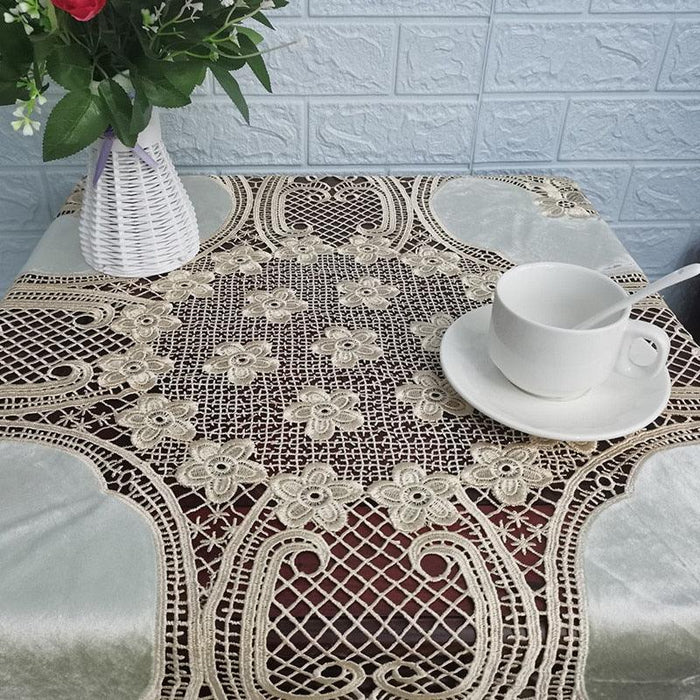 Opulent Velvet Tablecloth with European Crochet Stitching