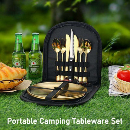 Compact Picnic Dining Set for Two - Durable Stainless Steel with Colorful Cloth Kit