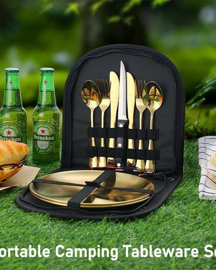 Compact Picnic Dining Set for Two - Durable Stainless Steel with Colorful Cloth Kit