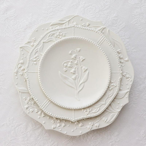 3Pcs Lily Valley Relief Tableware Plate Round Cream Porcelain Plant Dinner Plate Flat Plate Cake Tray Dessert Dish Home Kitchen-0-Très Elite-Très Elite