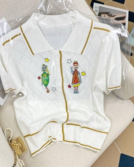 Whimsical Vintage Cartoon Knit Sweater with Embroidered Lapel