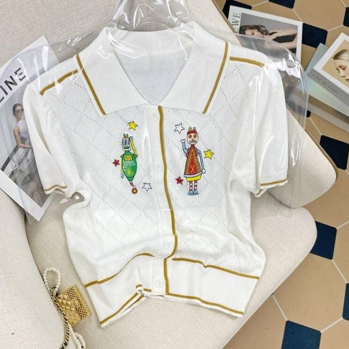 Vintage Cartoon Embroidered Knit Cardigan | White Lapel Short-sleeve Sweater