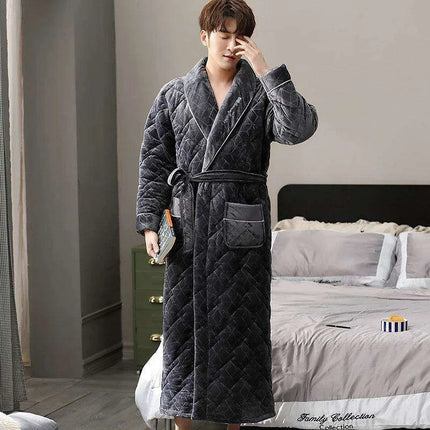 Men's Elegant Blue Quilted Flannel Robe - Luxurious Winter Loungewear