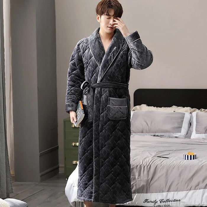 Men's Winter Quilted Flannel Robe - Luxurious Blue Home Dressing Gown