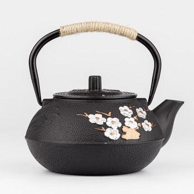 Elegant Japanese Cast Iron Tea Kettle Set with Plum and Bamboo Design - Complete Tea Serving Collection