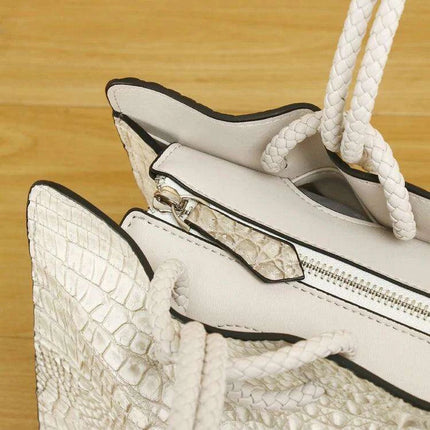 Elegant White Crocodile Textured Leather Tote Bag - Spacious and Stylish Design