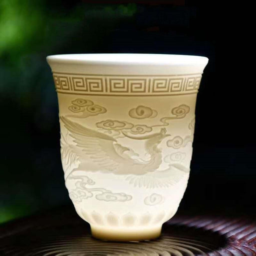 PSuet Jade White Porcelain Teacup Set - Handcrafted 3D Relief Design with Multiple Size Options