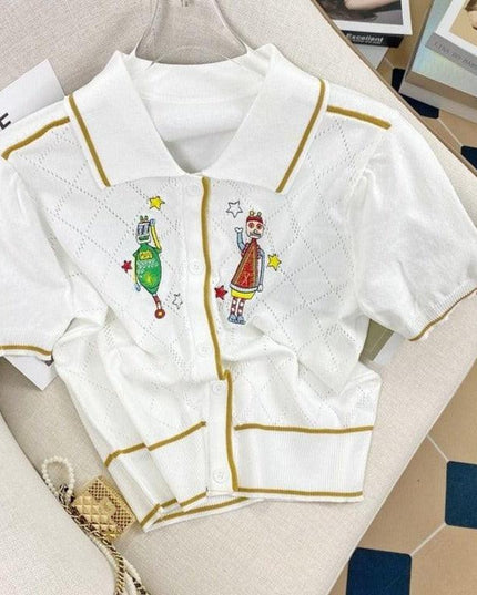 Whimsical Vintage Cartoon Knit Sweater with Embroidered Lapel