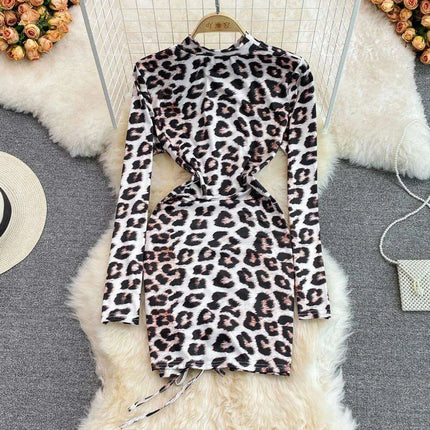 Sophisticated Ruched Leopard Print Bodycon Mini Dress with Elegant Stand Collar - Foamlina Luxe Collection