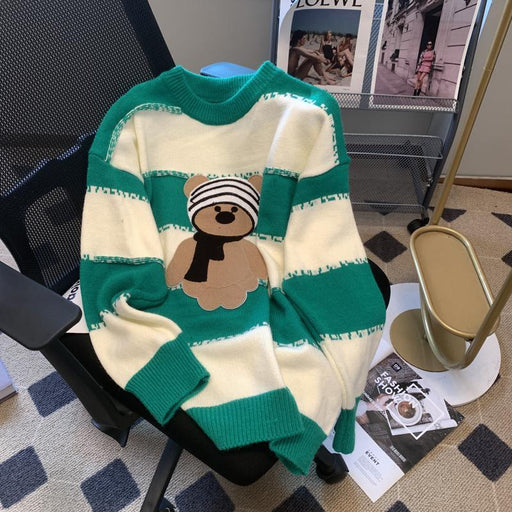Cozy Bear Striped Knitted Sweater: Oversized, Cartoon Fashion Top