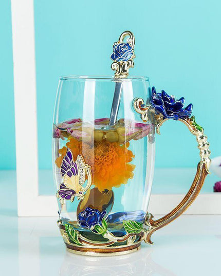 Elegant Blue Rose Enamel Crystal Tea Mug - Perfect for Special Celebrations
