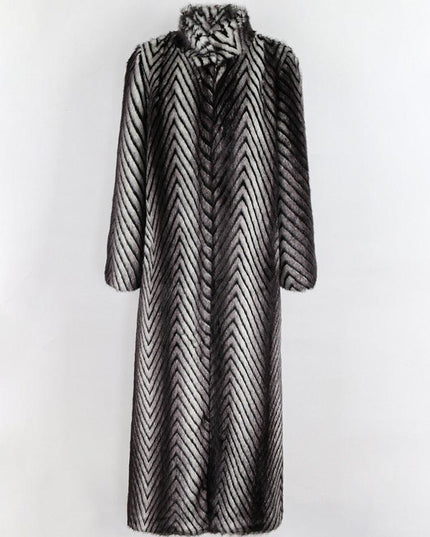 Elegant Striped Faux Mink Fur Winter Coat