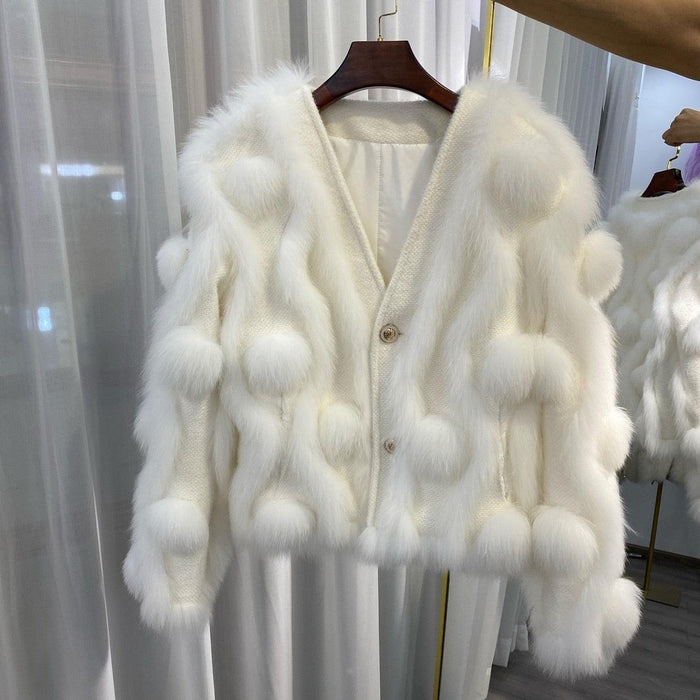 Elegant White Fox Fur Knitted Cardigan - Luxe Winter Statement