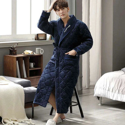 Men's Elegant Blue Quilted Flannel Robe - Luxurious Winter Loungewear