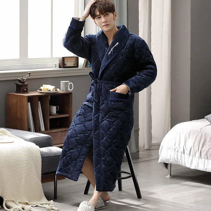 Men's Elegant Blue Quilted Flannel Robe - Luxurious Winter Loungewear