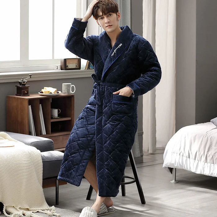 Winter Men's Quilted Flannel Robe - Home Dressing Gown in Blue