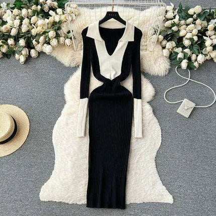 Elegant Knit Wrap Dress with Polo Collar for Autumn and Winter