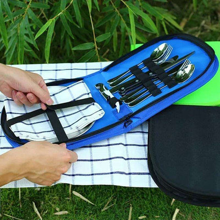 Compact Picnic Dining Set for Two - Durable Stainless Steel with Colorful Cloth Kit