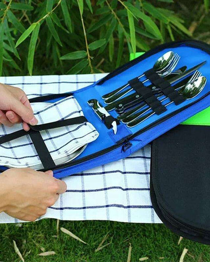 Compact Picnic Dining Set for Two - Durable Stainless Steel with Colorful Cloth Kit