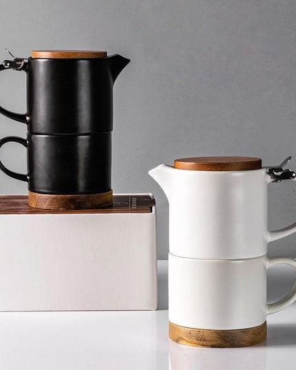 Elegant Nordic-Japanese Ceramic Tea Set with Acacia Wood Lid and Integrated Strainer