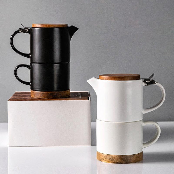 Nordic Ceramic Mug Set with Acacia Wood Lid and Built-in Strainer