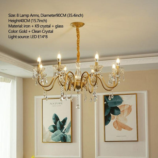 American Crystal Golden Chandelier Living Room Dining Room Bedroom Lamp European Simple Modern Light Luxury Salon Clothing Store-0-Très Elite-8 Lamp Arms-Warm light-Très Elite