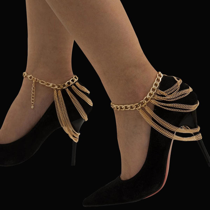 Gilded High Heel Shoe Charm Anklet with Multilayer Chain Design