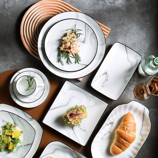 Chic 30-Piece Black Border Ceramic Marble Dessert Plate Set for Stylish Dining