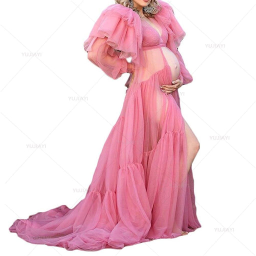 Pink Maternity Robes for Photoshoot Dress Ruffles Tiered