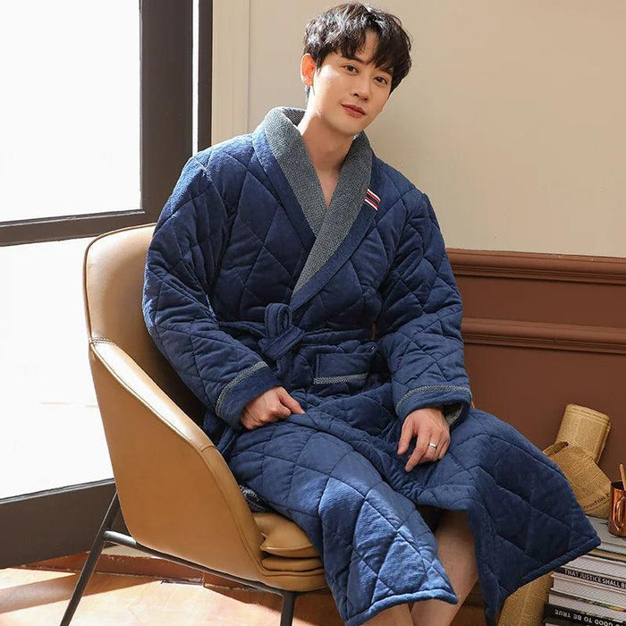 3-Layer Quilted Winter Bathrobe for Men - Soft Cotton Kimono Dressing Gown