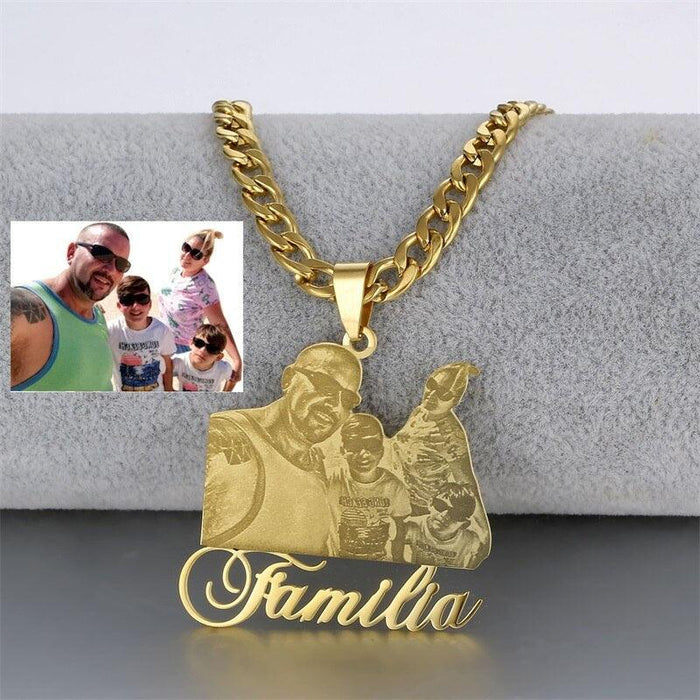Personalized Stainless Steel Photo Necklace with Cuban Chain and Custom Nameplate