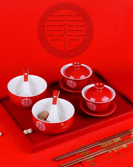 Elegant Red Ceramic Chinese Wedding Tea Ceremony Set - Exquisite Teapot and Teacups for Memorable Celebrations