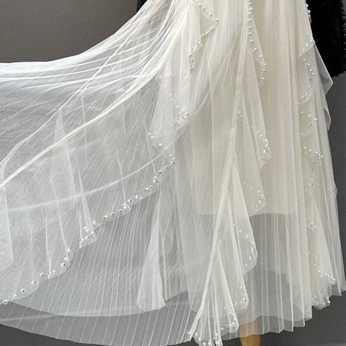 Elegant Pearl-Embellished Korean Party Skirt with High Elastic Waist