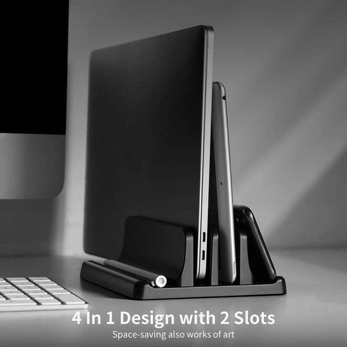 Adjustable Vertical Laptop Stand with Dual Storage for MacBook, Lenovo, Huawei, HP, Dell, iPad, Notebook, and Tablet