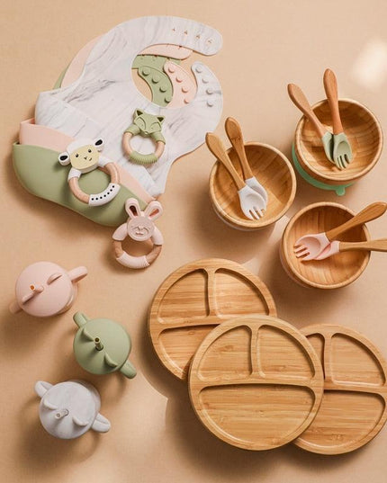 Bamboo Baby Feeding Set with Suction Plates and Rattle Toy - 7-Piece Collection